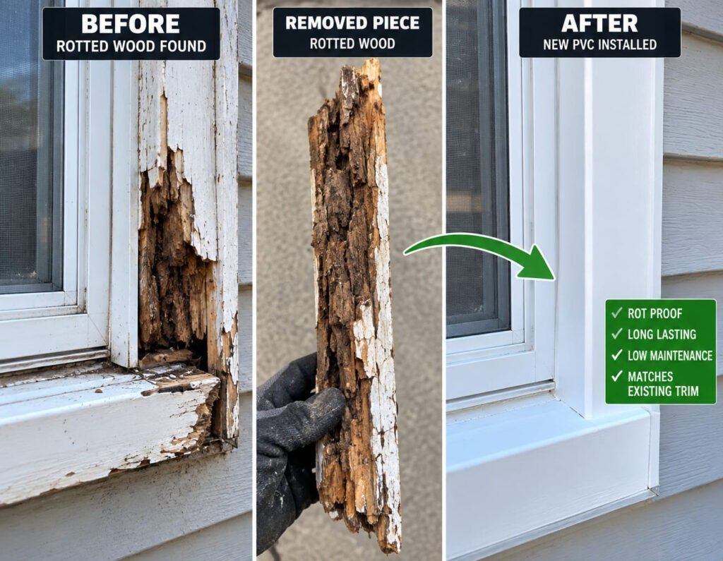 Damaged window trim replaced before professional painting